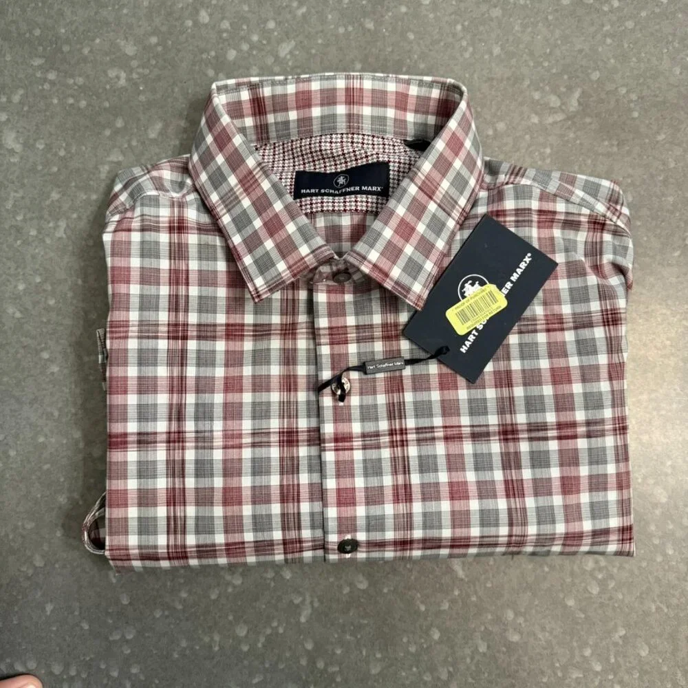Hart Schaffner Marx Red & Gray Plaid Short Sleeve Button-Up Shirt - XL (New with